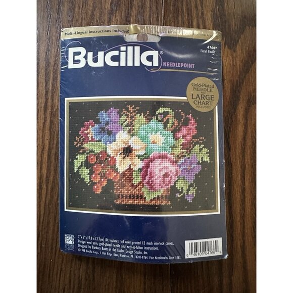 Vintage Bucilla Needlepoint Kit Floral Basket 7"X5" Wool Yarn Gold Plated Needle - Picture 1 of 2